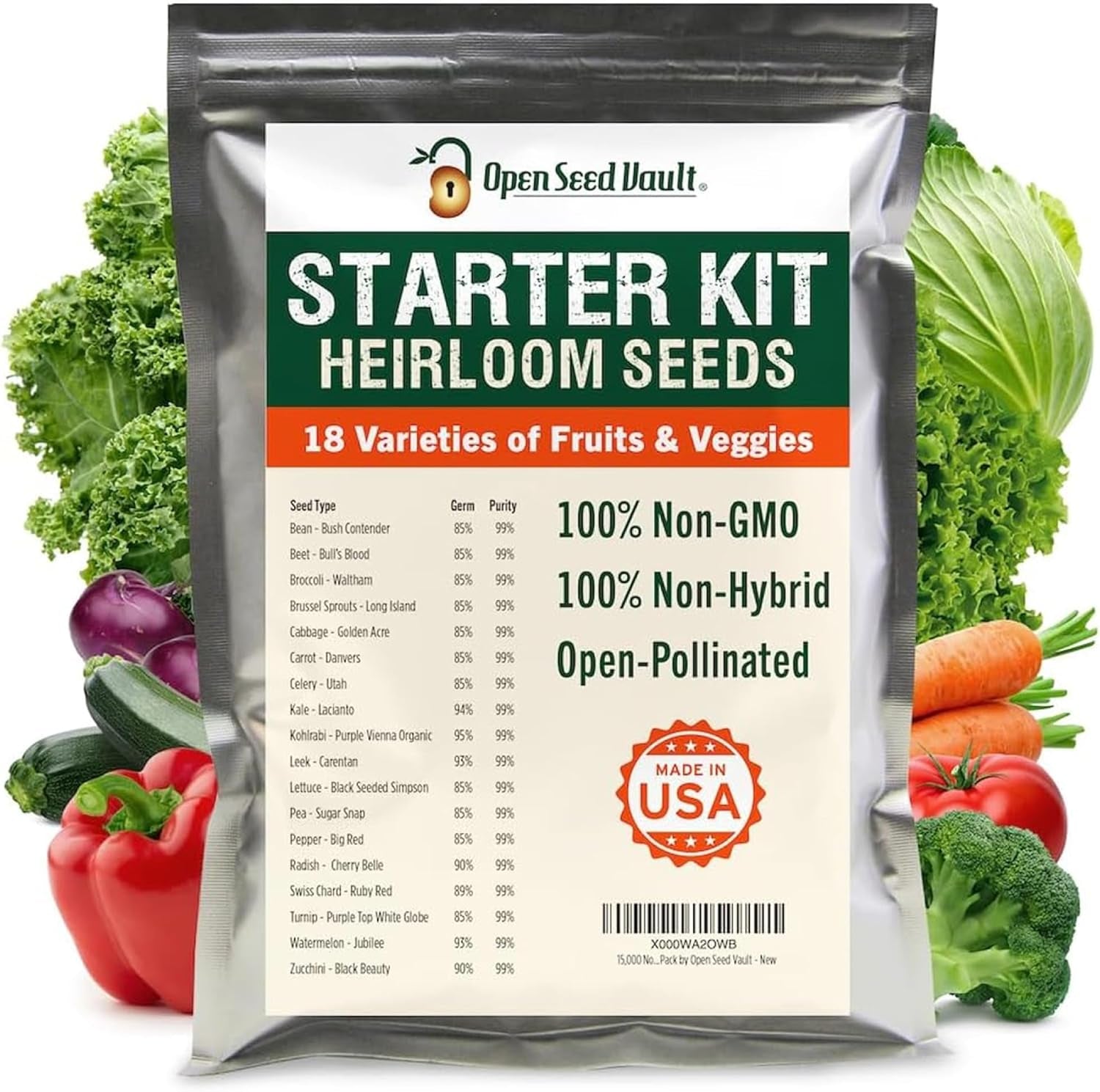 15,000 Heirloom Seeds Non GMO Vegetable and Fruit Seeds for Planting Outdoor & Indoor - 18 Variety Pack of Survival Garden Seeds